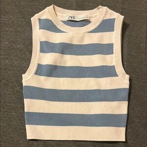 Zara Women’s Blue and White Striped Sleeveless Top